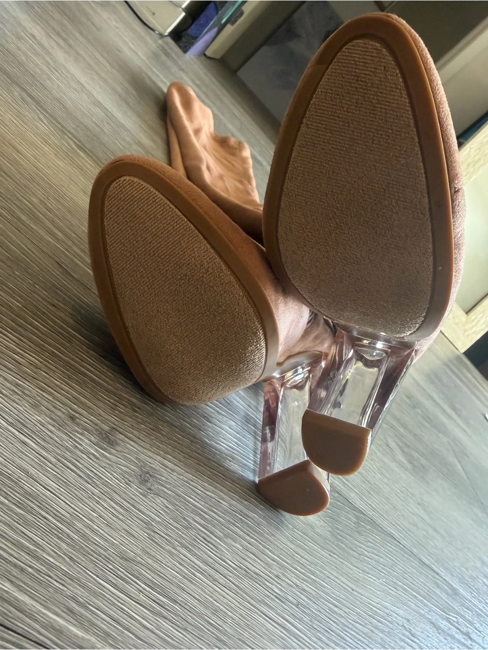 Windsor Women's Over-the-Knee Suede Boots in Tan with Clear Block Heel